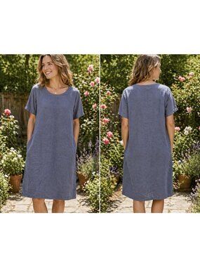 Vikolino Shirt Dress S Euro Washed Linen Oversized Gray Blue Short Sleeve NEW